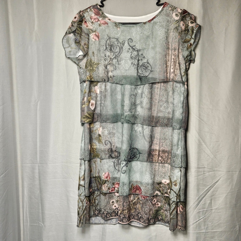 Tiered Shift Dress Womens XL Sage Green Floral Mesh Flutter Sleeve Botanical